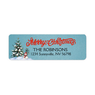 sneeuwman en kerstbomen etiket