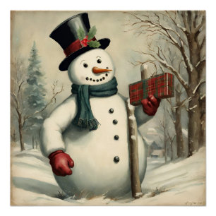Sneeuwman en Kerstcadeau Winter Illustratie Perfect Poster