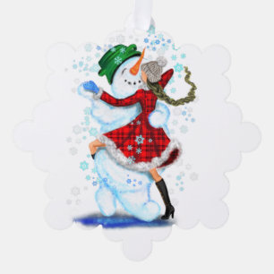 Sneeuwman en Meisje Dansers Kerst Ornament Kaart