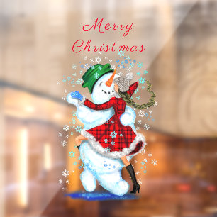 Sneeuwman en meisje dansers kerstvenster vastklamp raamsticker