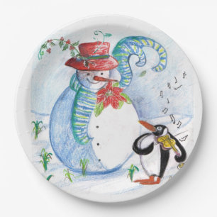 SNEEUWMAN EN PINGUÏN'S WINTERSERENADE PAPIEREN BORDJE
