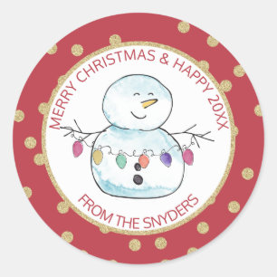 Sneeuwman en String Lights Ronde Sticker
