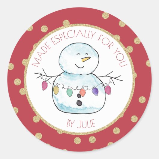 Sneeuwman en String Lights Ronde Sticker (Voorkant)