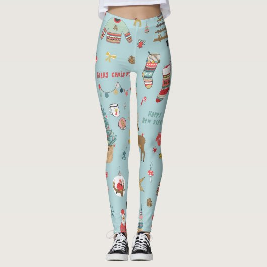 Sneeuwman Fir-Tree Kerst wrapping patroon Leggings (Voorkant)