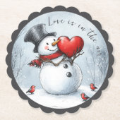 Sneeuwman geeft liefde met een groot hart kartonnen onderzetters (Voorkant)