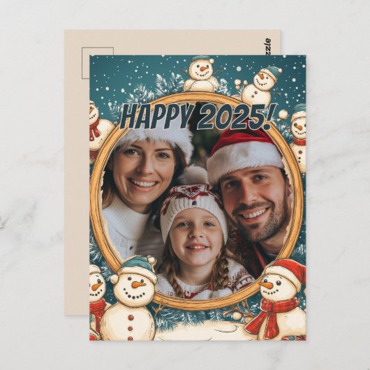 sneeuwman gelukkig nieuwjaar briefkaart (Voorkant / Achterkant)