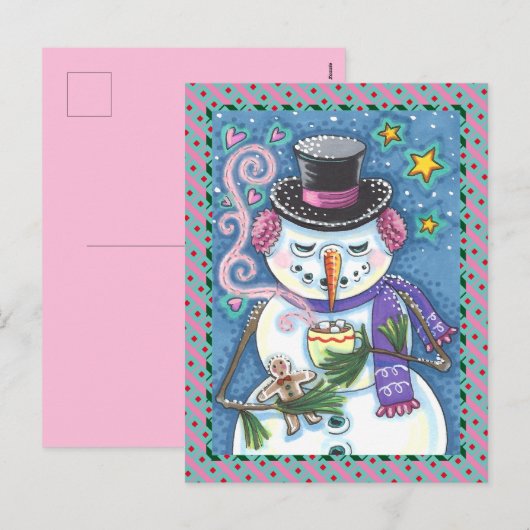 SNEEUWMAN, GINGERBREAD MAN & MOK VAN WARME CHOCOLA FEESTDAGENKAART (Voorkant / Achterkant)