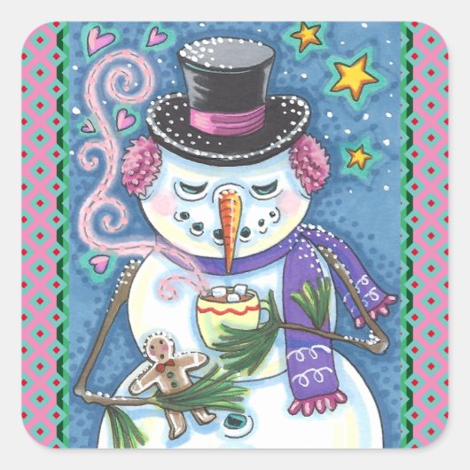 SNEEUWMAN, GINGERBREAD MAN & MOK VAN WARME CHOCOLA VIERKANTE STICKER (Voorkant)