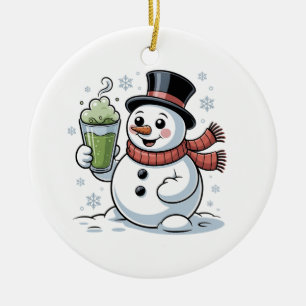 Sneeuwman houdt Matcha Drink kerst vast Keramisch Ornament