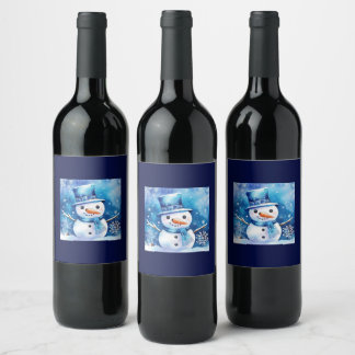 Sneeuwman in het blauw wijn etiket