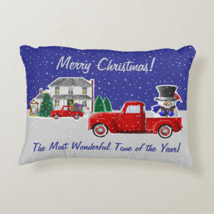 Sneeuwman in kleine rode truck en Boerderij huis Accent Kussen