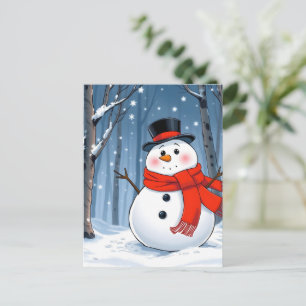Sneeuwman in koud bos met rode sjaal briefkaart