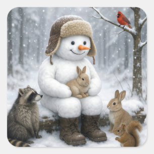 Sneeuwman in winterwoud met dierenvrienden vierkante sticker