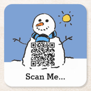 Sneeuwman in zonneschijn met QR-code Vierkante Kartonnen Onderzetter