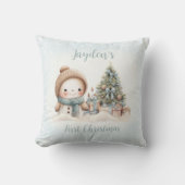 Sneeuwman Jongen Blauw Eerste Kerstkussen Kussen (Voorkant)