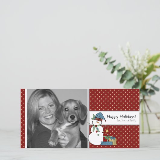 Sneeuwman Kerst Fotokaart {rood} Feestdagenkaart (Staand voorkant)