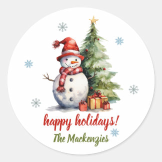 Sneeuwman Kerstboom Sneeuwvlokken Prettig Kerstfee Ronde Sticker