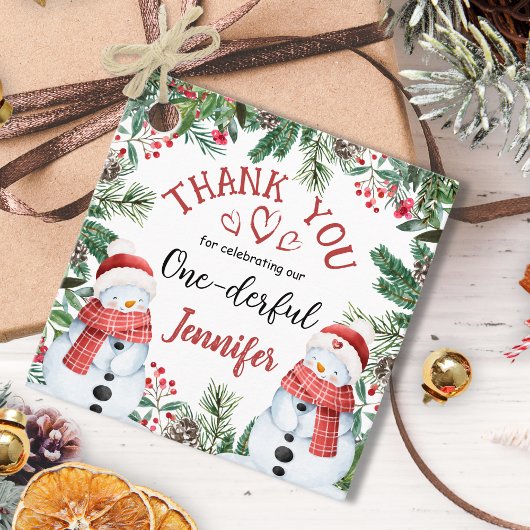 Sneeuwman Kerstmis 1e Verjaardag Dank u Favor Bedankjes Labels