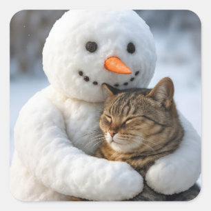 Sneeuwman knuffelt met een tabbykat vierkante sticker