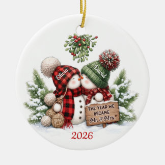 Sneeuwman Koppel 1e Kerstmis Mijnheer Mevrouw Orna Keramisch Ornament