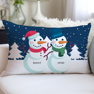 Sneeuwman Koppel Gepersonaliseerde Namen Kerstmis Kussen