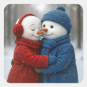 Sneeuwman Koppel Knuffelen in Winter Bos Vierkante Sticker
