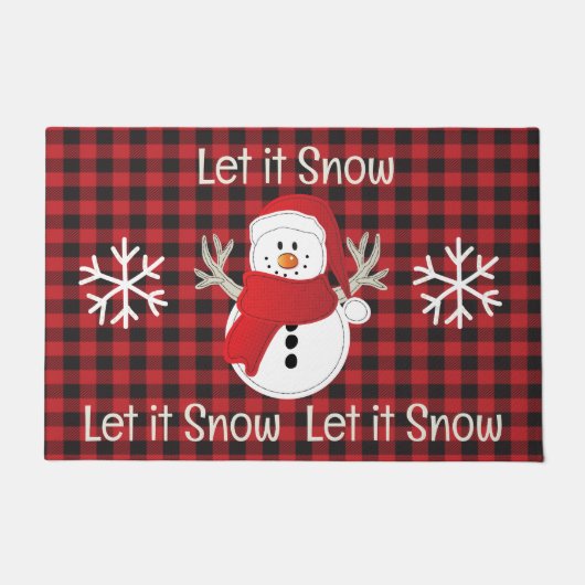 Sneeuwman Laat het Sneeuwrood en Zwart Buffel Plai Deurmat (Voorkant)