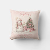 Sneeuwman Meisje Roze Eerste Kerstkussen Kussen (Voorkant)