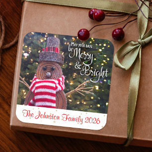Sneeuwman Merry and Bright Rustieke Aangepaste Naa Vierkante Sticker