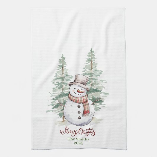 Sneeuwman met bomen Gepersonaliseerde Keuken Handd Theedoek (Verticaal)