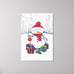 Sneeuwman met cadeaus op Waterverf canvas afdrukke Afdruk
