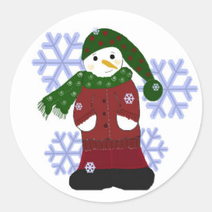Sneeuwman met Grote Sneeuwvlokken Ronde Sticker