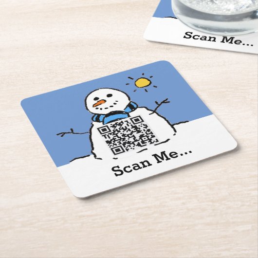 Sneeuwman met QR-code Vierkante Kartonnen Onderzetter (Schuin)