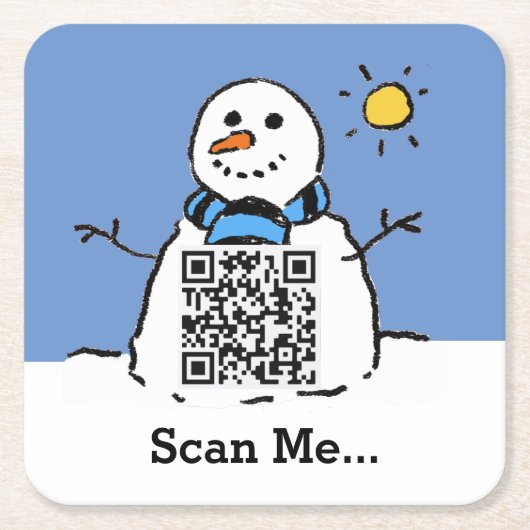 Sneeuwman met QR-code Vierkante Kartonnen Onderzetter (Voorkant)