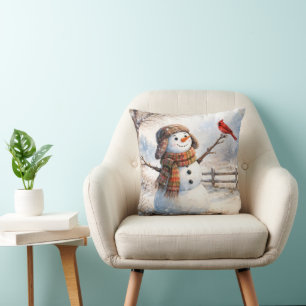 Sneeuwman met rode kardinaalvogel kussen