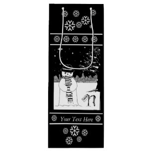 sneeuwman met sjaal en pet zwart-wit art. wijn cadeautas