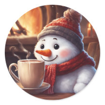 Sneeuwman met Stoaming Hot Coffee Sticker