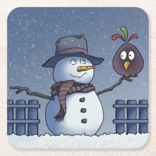 Sneeuwman met vogel vierkante kartonnen onderzetter