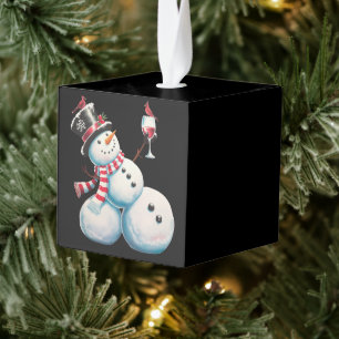Sneeuwman met wijn Kerst Grappig Kerstcadeau Kubus Ornament