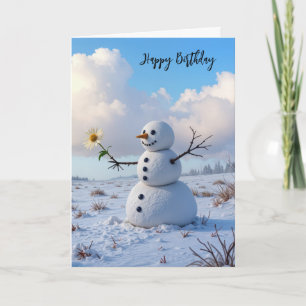 Sneeuwman met witte margriet op verjaardag kaart