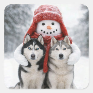 Sneeuwman omhelst Siberische Husky honden Vierkante Sticker