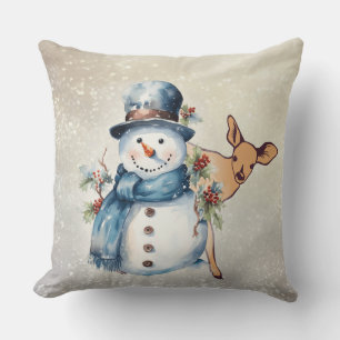 "Sneeuwman omsingeld in Holly" met een fawn Kussen