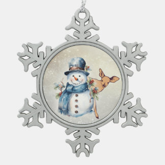 "Sneeuwman omsingeld in Holly" met een fawn Tin Sneeuwvlok Ornament