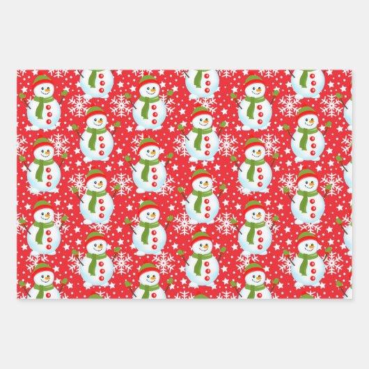 Sneeuwman op Rood & Groen Wit Sneeuwvlokken Kerstm Inpakpapier Vel (Voorkant)