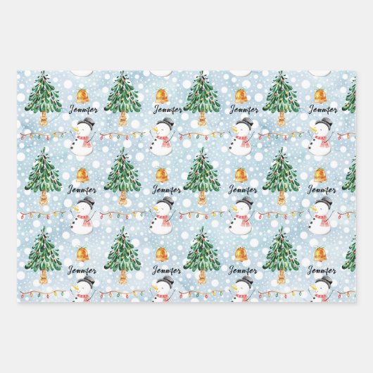 Sneeuwman Personaliseer Naam 3 Kerstmis Inpakpapier Vel (Voorkant 3)