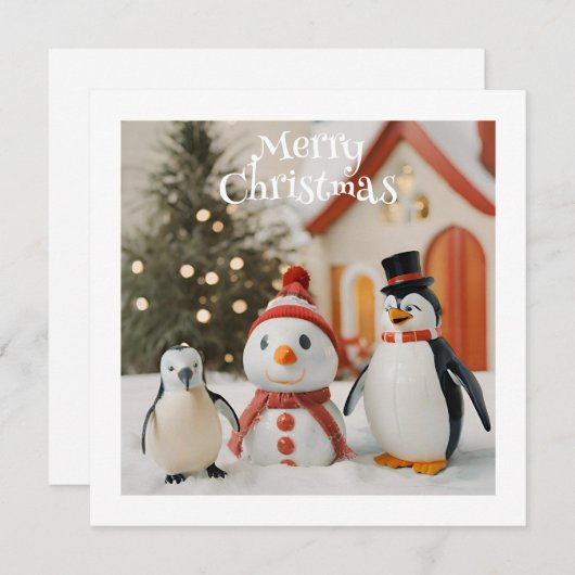 Sneeuwman & Pinguïn #1 Aangepaste Nieuwigheid Kers Feestdagenkaart (Voorkant / Achterkant)