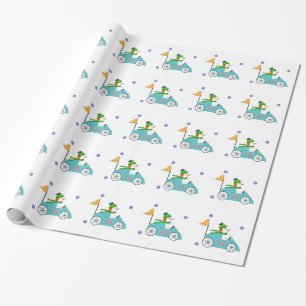 Sneeuwman rijdt in zijn raceauto cadeaupapier