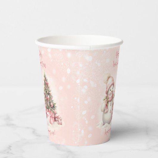 Sneeuwman Roze Kerstmis 1e Verjaardag Papier Cups Papieren Bekers (Rechts)