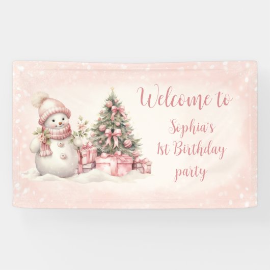 Sneeuwman Roze Kerstmis 1e Verjaardagsbanner Spandoek (Horizontaal)