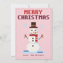 Sneeuwman Roze Pixel Art Kerstkaart